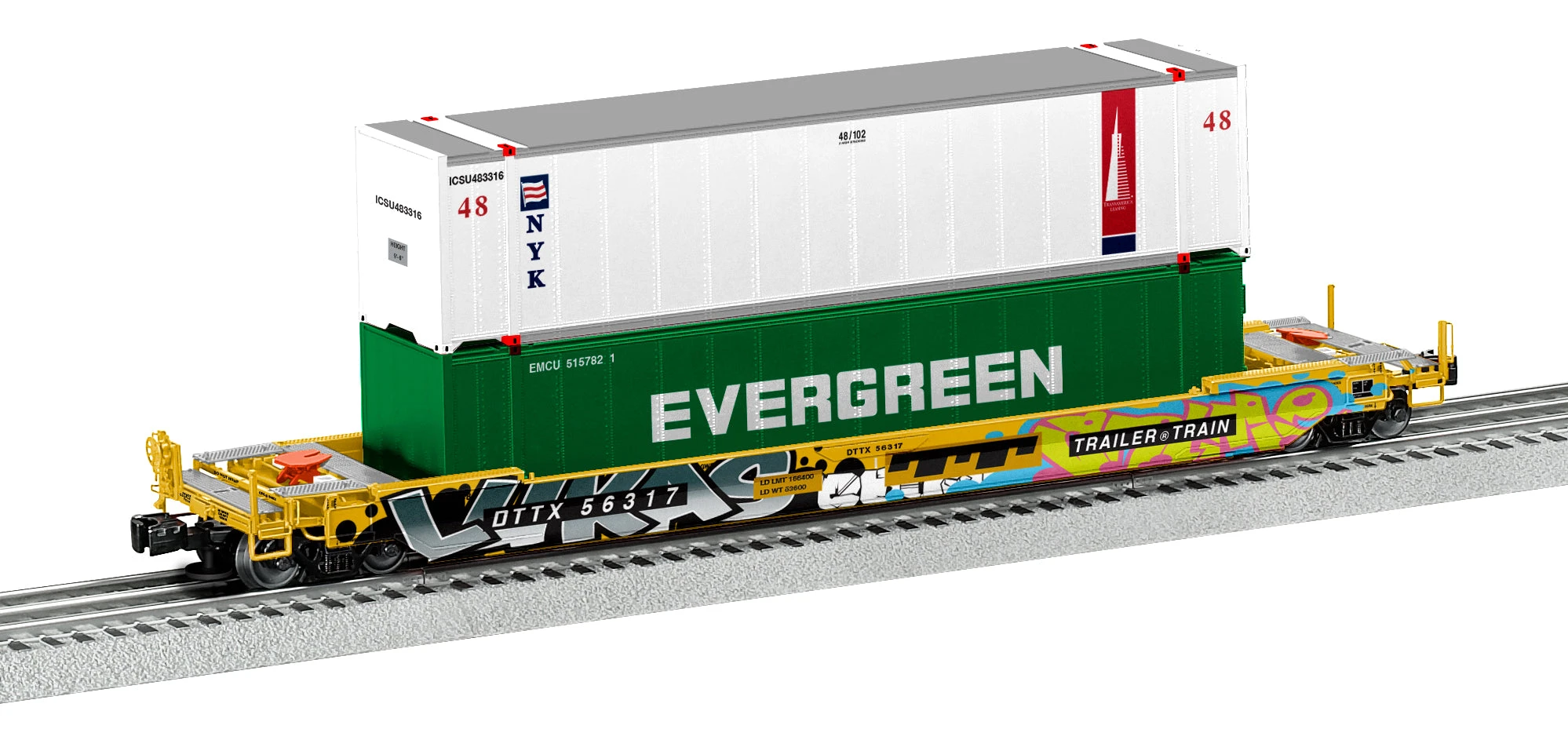 Lionel 2226602 O Scale Husky Stack Well Car With Graffiti Trailer Train TTX 56317 3 Lionel 2226602 O Scale Husky Stack Well Car With Graffiti Trailer Train TTX 56317